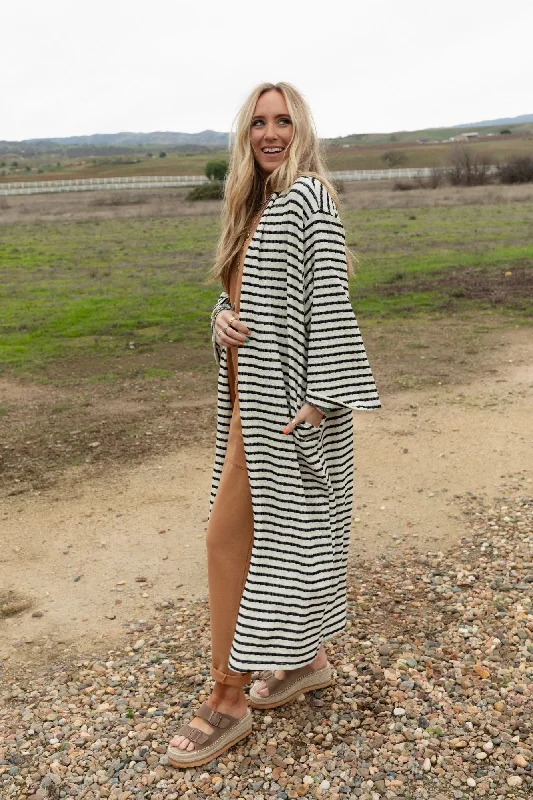 Graphic Tees The Nest Venyx Striped Duster Cardigan - Cream Black