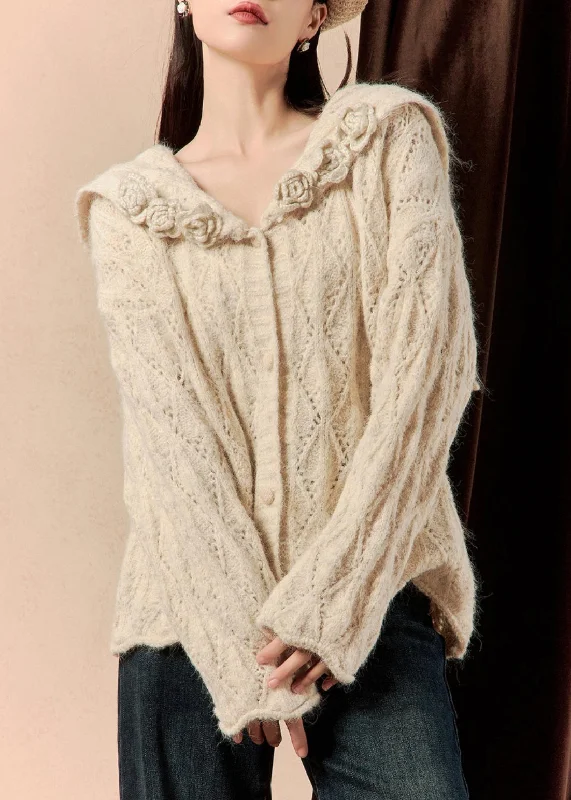 End Of The Year Floral Beige Button Hollow Out Knit Sweaters Spring