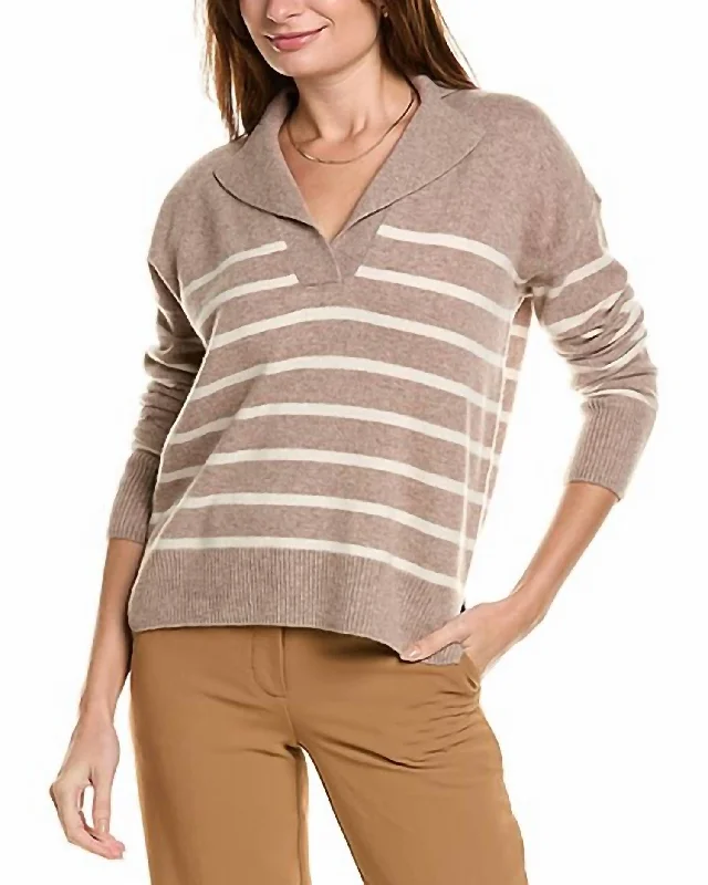 Nightclub Style Notch Collar Stripe Sweater In Mocha