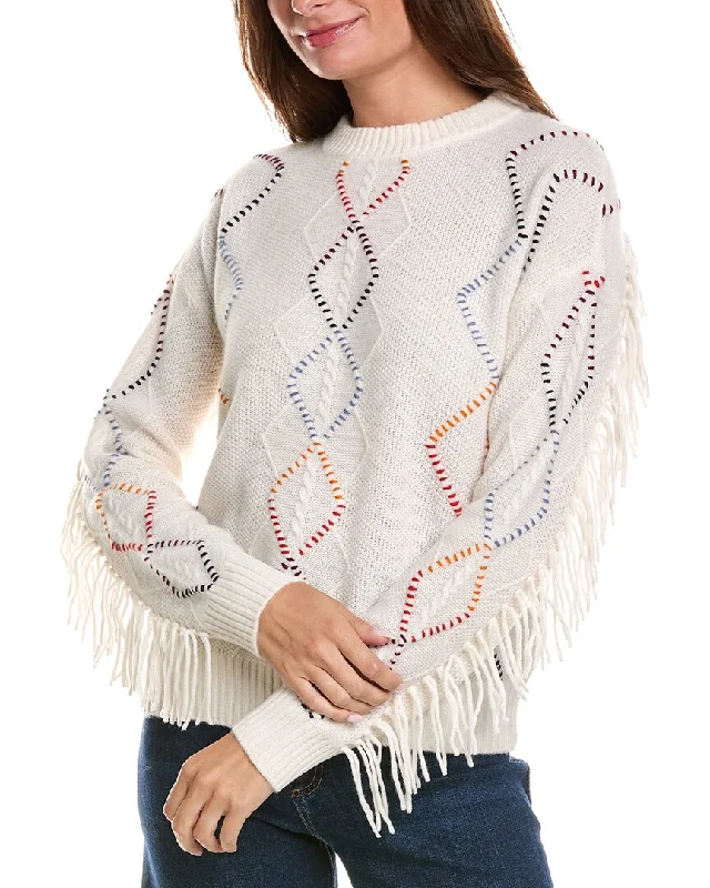 Comfortable And Casual Minnie Rose Cable Corded Detail Fringe Cashmere Pullover