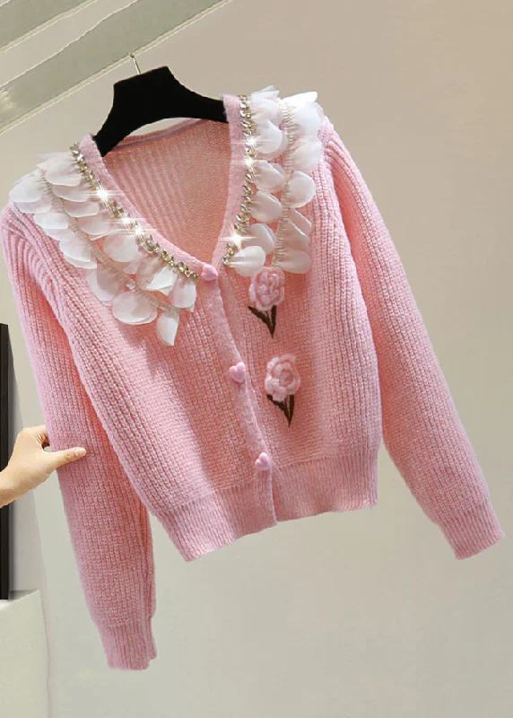 Free And Comfortable Cute Pink Zippered Patchwork Floral Cotton Knit Sweater Winter