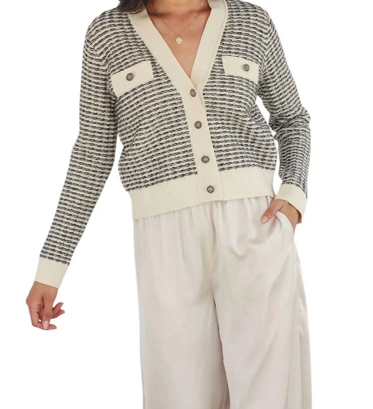 Minimal Style Contrast Rib Button Up Cardigan In Cream/black