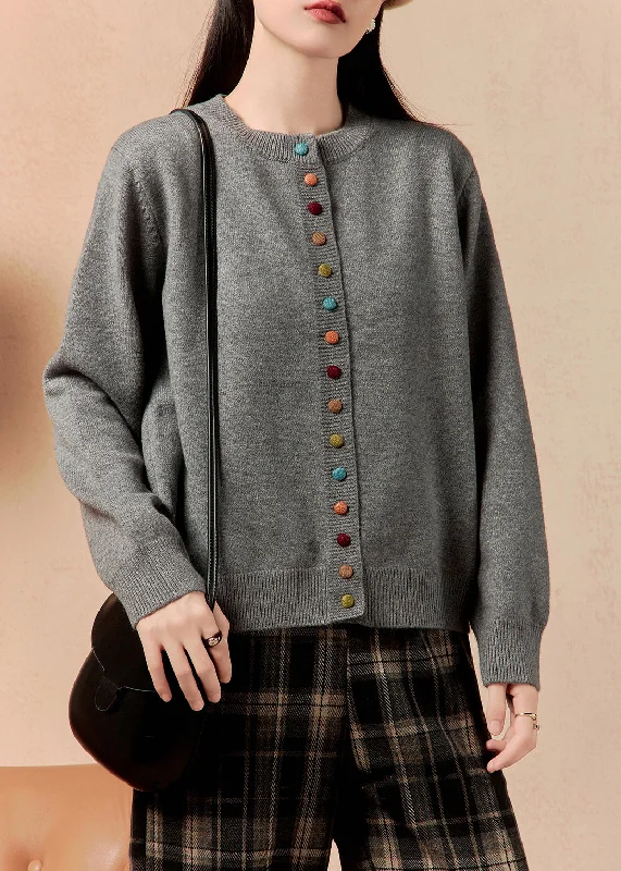 Street Charm Simple Grey O Neck Button Cozy Knit Sweater Winter
