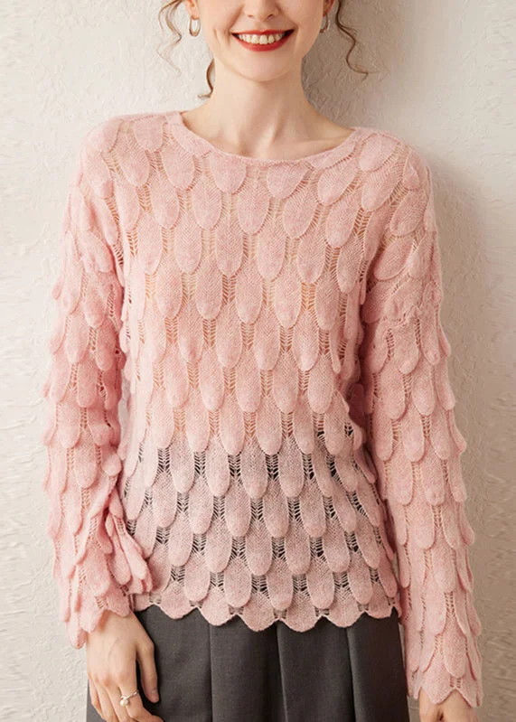 Effortless Wear DIY Pink O-Neck Hollow Out Feather Knit Sweater Spring