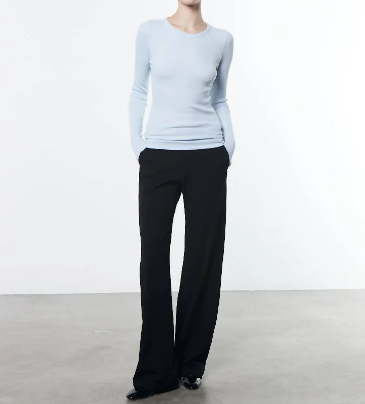 Lace Design Cuffed Long Sleeves Crew Top In Powder Blue