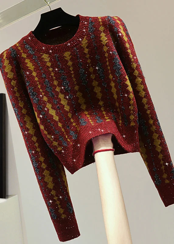 Lazy Style Classy Red Striped Sequins Cotton Knit Sweater Puff Sleeve
