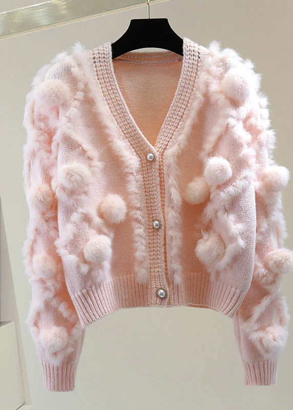 Free And Casual Pink Fuzzy Ball Decorated Cotton Knitted Sweater Long Sleeve