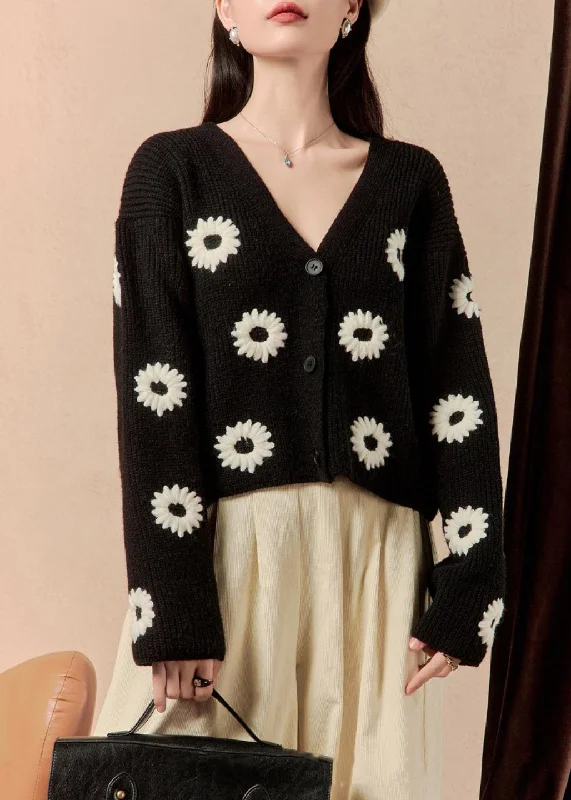 Design Perception Women Black V Neck Button Floral Knit Sweaters Winter