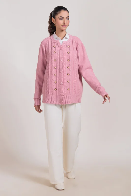 Outdoor Clothing PINK-ROUND NECK FULL SLEEVES CARDIGAN SWEATER (24X-045-66)