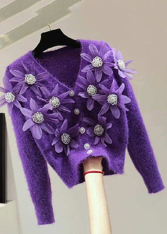 Cozy Chic Purple Floral Ma Hai Mao Thick Cotton Knit Sweater V Neck Winter