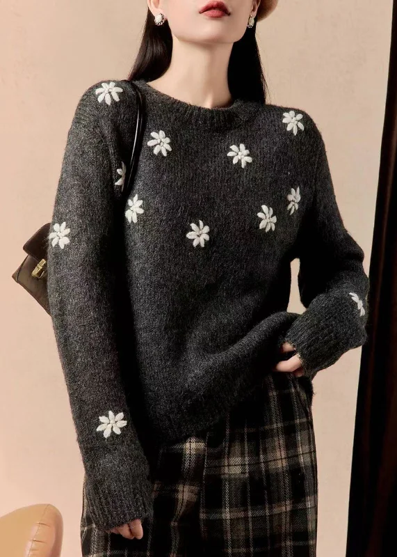 Summer Selection Floral Grey O Neck Cozy Thick Cotton Knit Sweater Winter