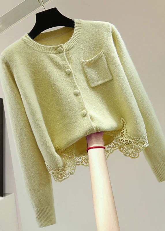 Stylish Comfort Women Light Green O-Neck Lace Patchwork Cotton Knit Sweaters Winter