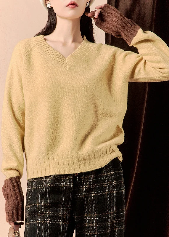 Simple Style Simple Yellow V Neck Patchwork Knit Sweater Winter