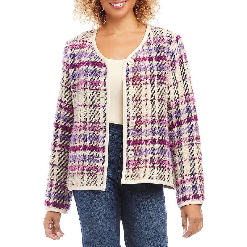 Cozy Footwear Karen Kane Womens Majestic Magenta Wool Plaid Cardigan Sweater