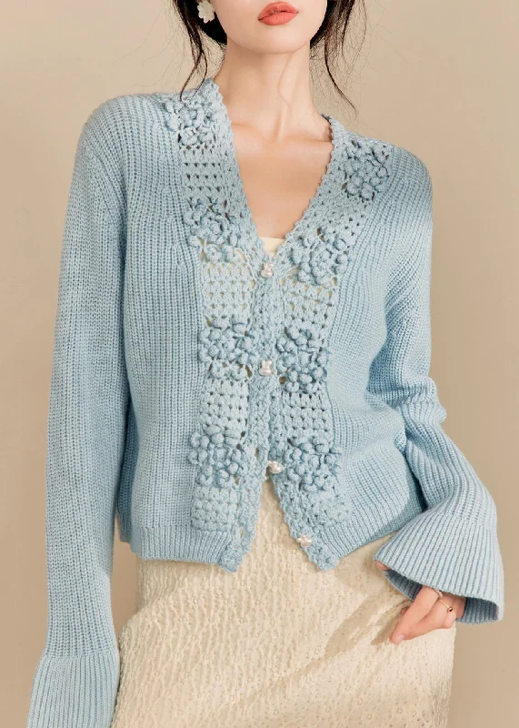Fashion Must-have French Blue Button Hollow Out Knit Sweaters Flare Sleeve