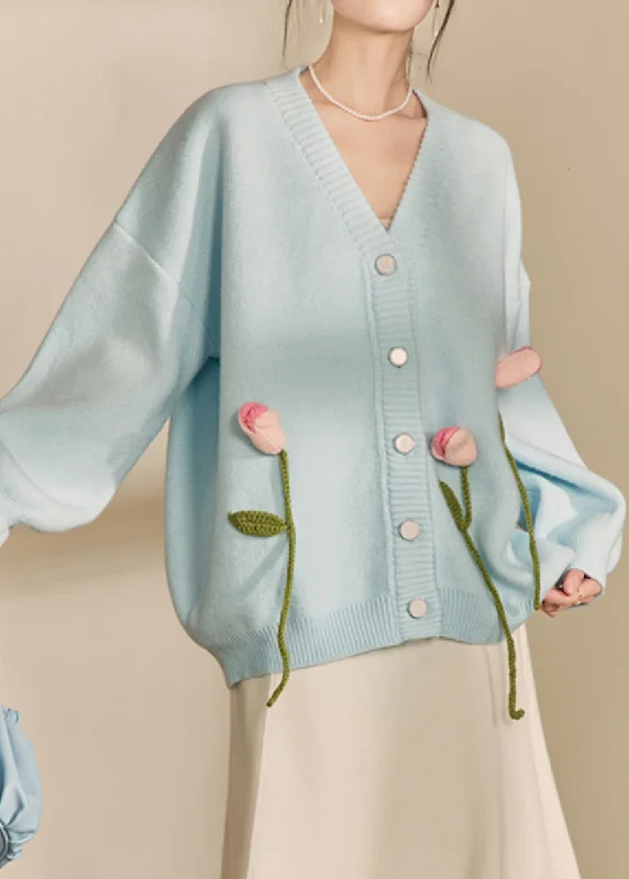 Cozy Vibes Loose Blue V Neck Button Patchwork Knit Cardigan Spring