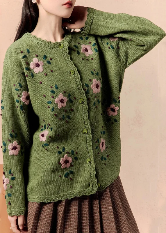 Lively And Youthful Art Green Floral Button Knit Cardigan Winter