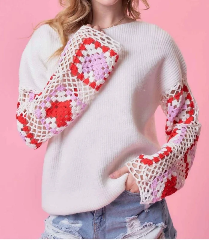 Relaxed Looks Crochet Heart Sleeve Sweater In White