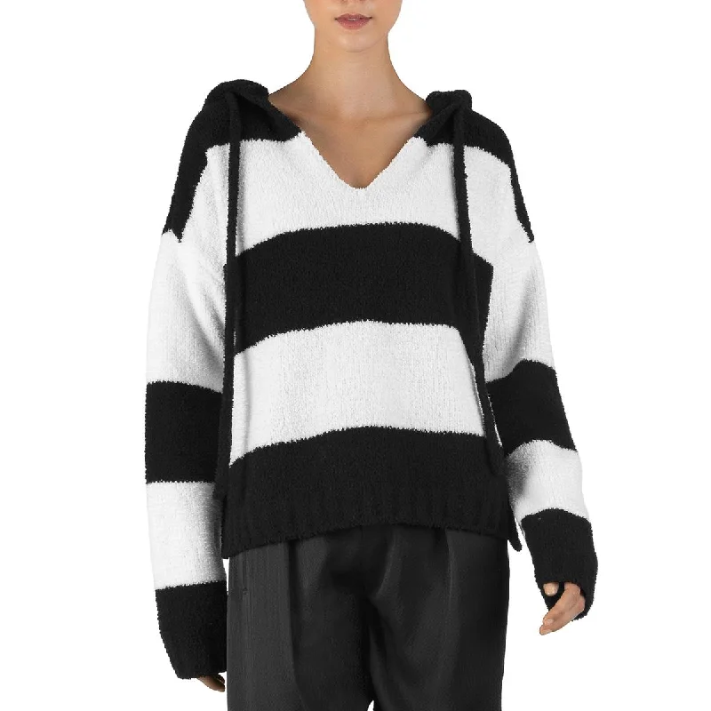 Trendy Comfort ATM Womens Chenille  Striped Hoodie V-Neck Sweater
