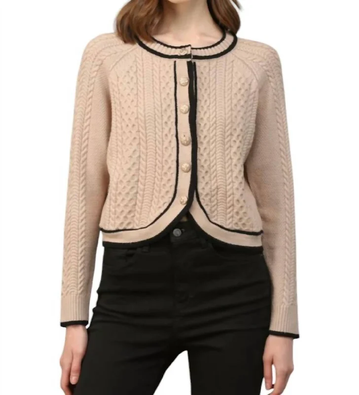 Classic Bailey Cable Knit Cardigan With Contrast Trim In Taupe/black