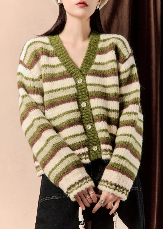 Beautiful Romance Green Striped Button Original Design Knit Sweater V Neck Winter