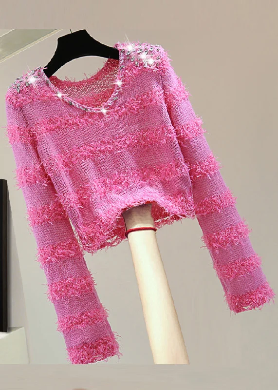 Comfy Dress Stylish Rose V Neck Sequins Zircon Tassel Knit Sweater Spring
