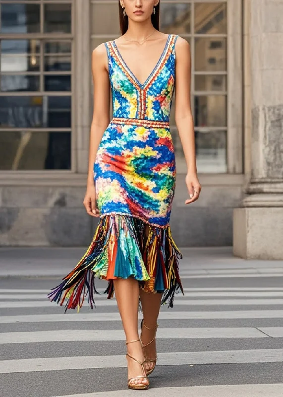 Exquisite Embroidery Beautiful Multicolou Print Knit Dresses Tasseled Summer
