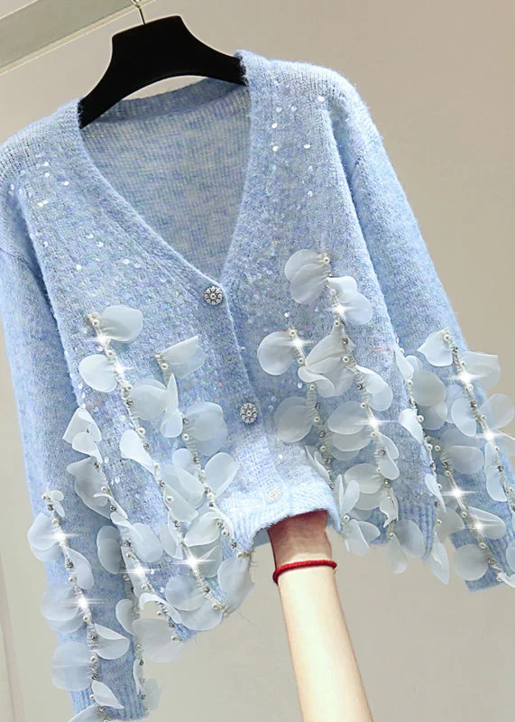 Economic Outlook Elegant Blue V Neck Sequins Nail Bead Tassel Cotton Knit Sweater Tops Winter