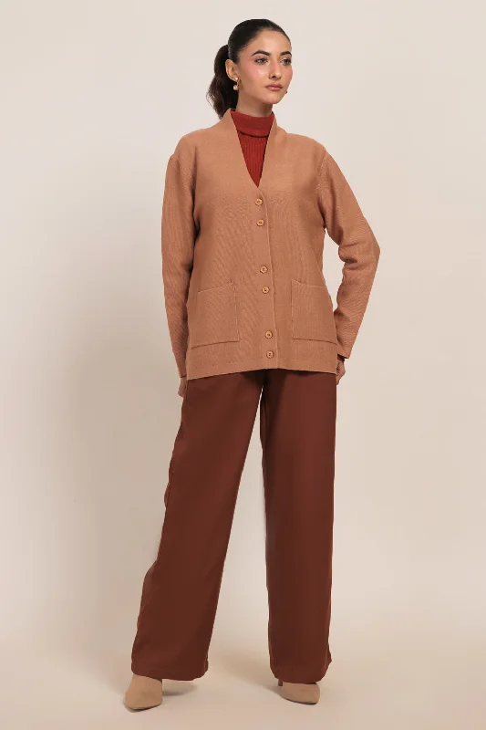 Functional Tops KHAKI-V-NECK FULL SLEEVES CARDIGAN SWEATER (24X-058-66)