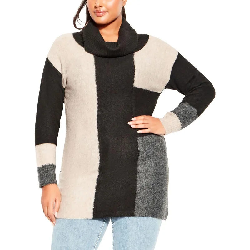Versatile Style Evans Womens Plus Cowl Neck Colorblock Pullover Sweater