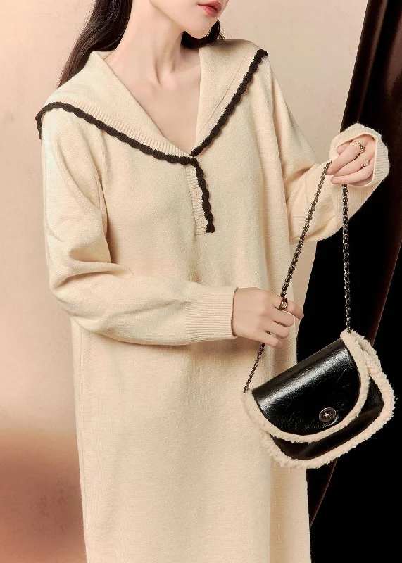 Soft Textures Elegant Beige Sailor Collar Button Knit Dress Winter