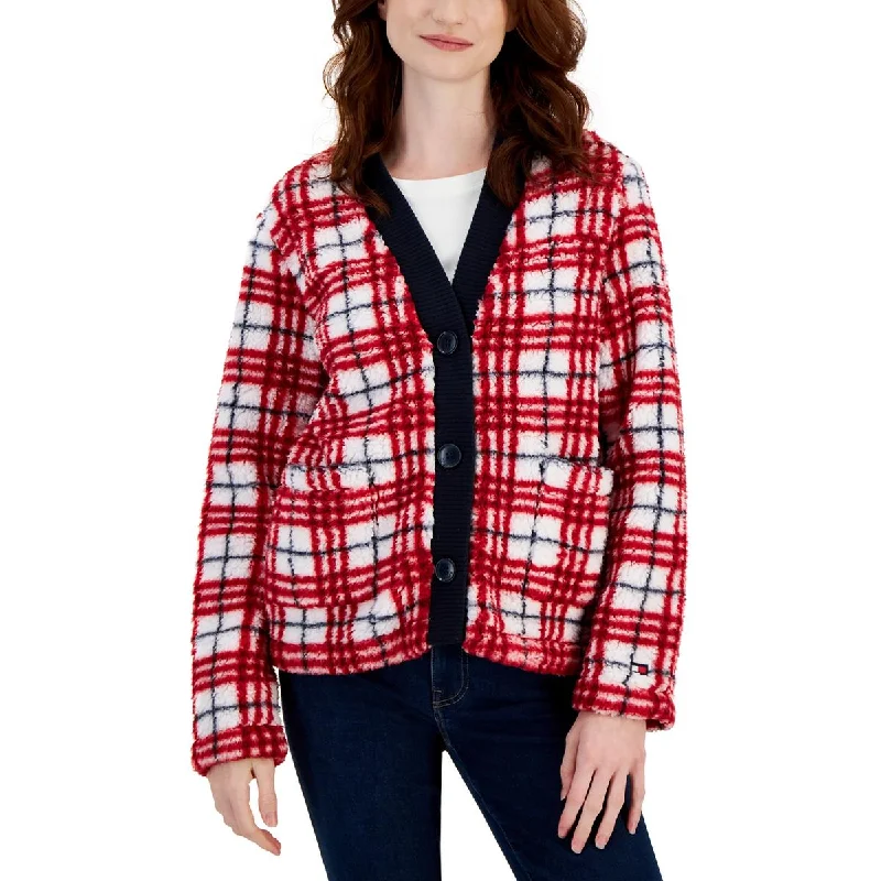 Exclusive Customization Womens Plaid Sherpa Cardigan Sweater