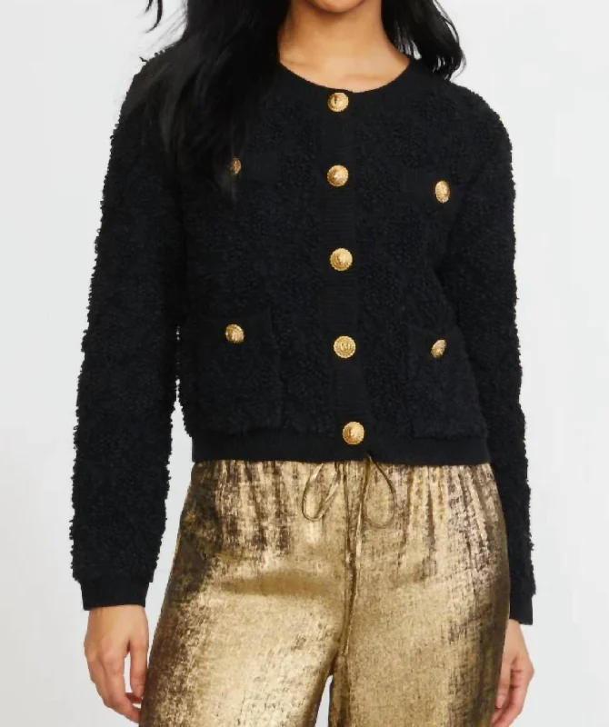 Sports Fashion Textured Sweater Cardigan In Black