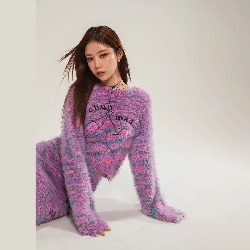 Luxury Style Logo Fuzzy Cherry Crop Knit Sweater