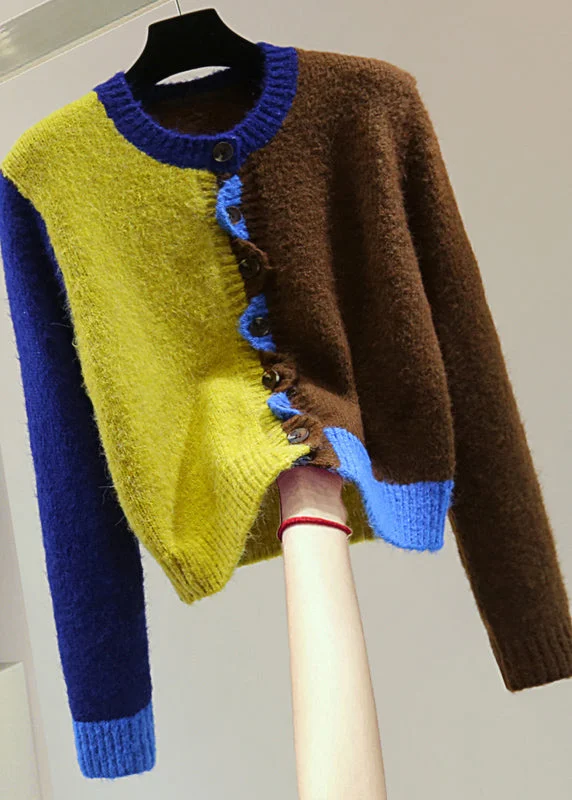 Casual Chic Looks Fitted Colorblock Ruffled Button Thick Cotton Knit Sweater