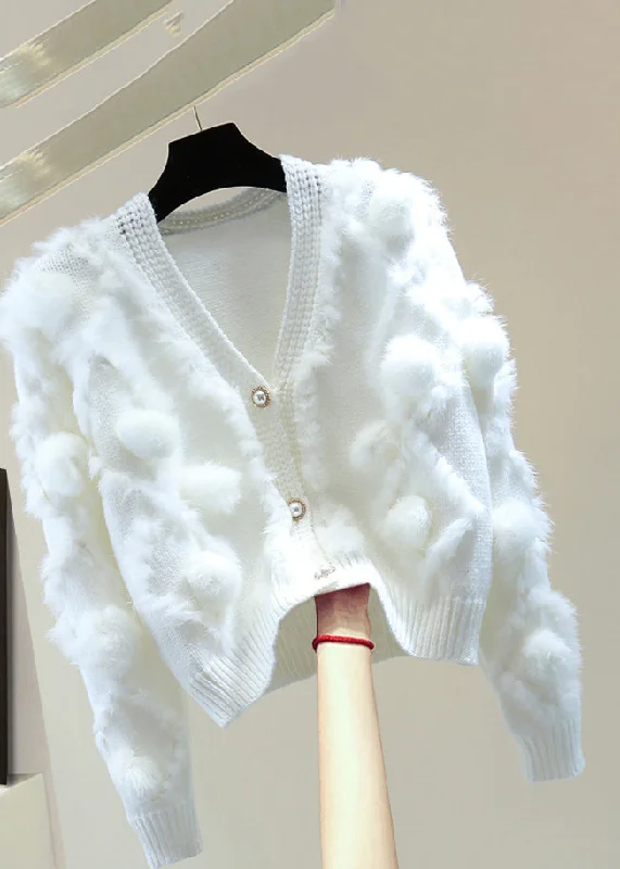 Carefree Natural White V Neck Thick Cotton Knit Sweater Spring