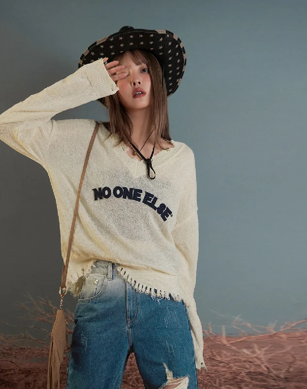 Chic Relaxation Damaged Fringe Hem Knit Sweater