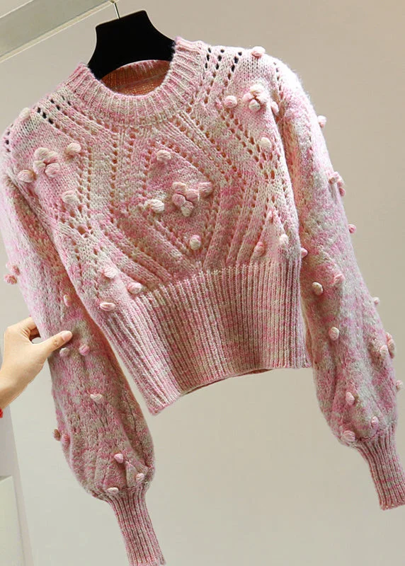 Wearable At Home Or Out Cute Pink Embroidered Hollow Out Floral Cotton Knit Sweater