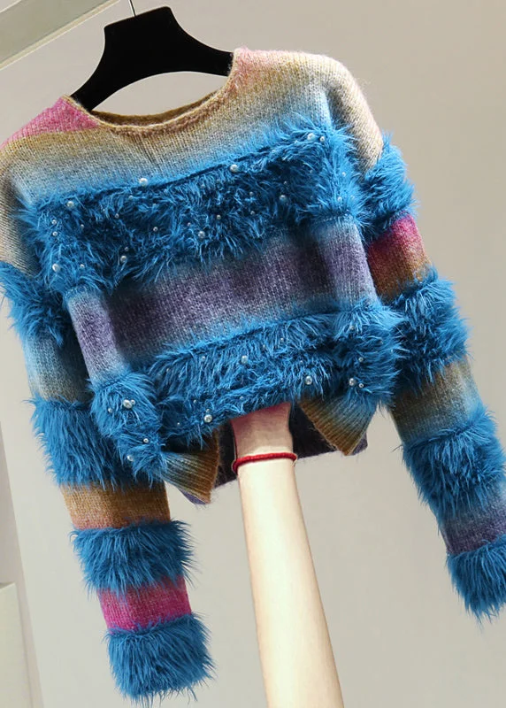 Fashion Wear Gradient Color Blue O-Neck Patchwork Nail Bead Cotton Knit Sweaters