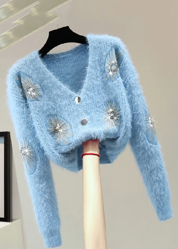 High-quality Styles French Blue Zippered Patchwork Nail Bead Cotton Knit Sweater Winter