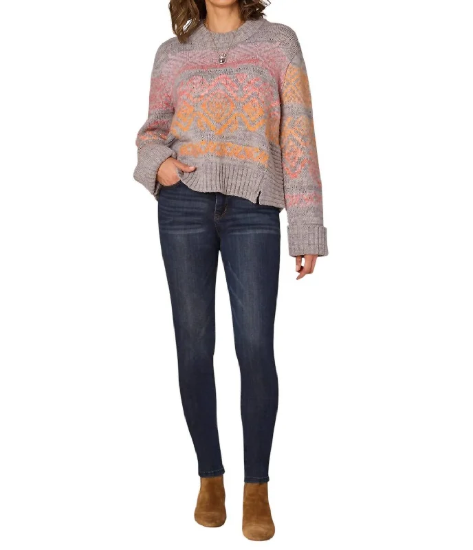 Light Fit Round Neck Ombre Jacquard Sweater In Heather Grey / Golden Orange Multi