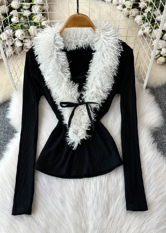 Exquisite Tailoring French Black Fur Collar Patchwork Tie Waist Cotton Knit Sweaters Winter