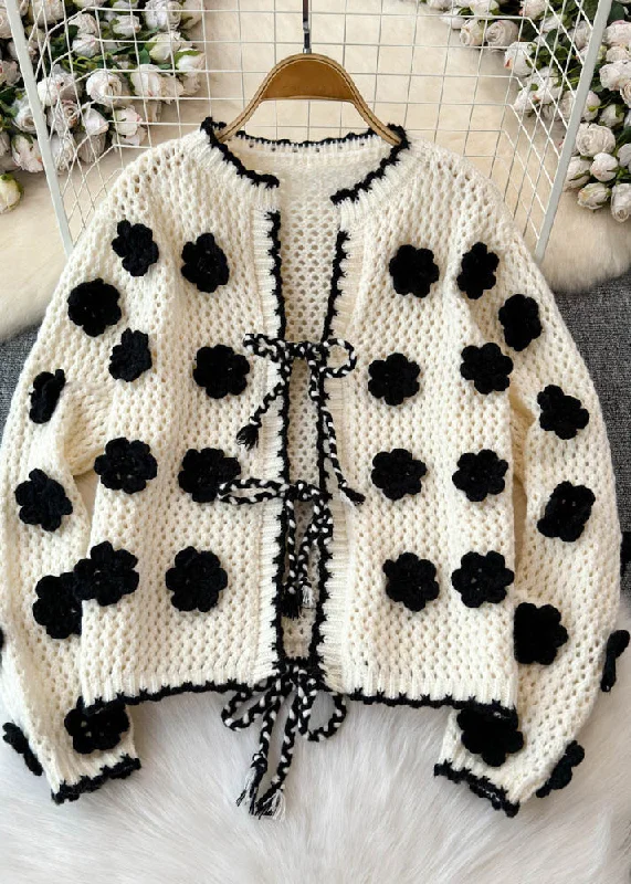 Must-have For Fashion French Apricot O-Neck Floral Tie Waist Cotton Knit Cardigans Spring