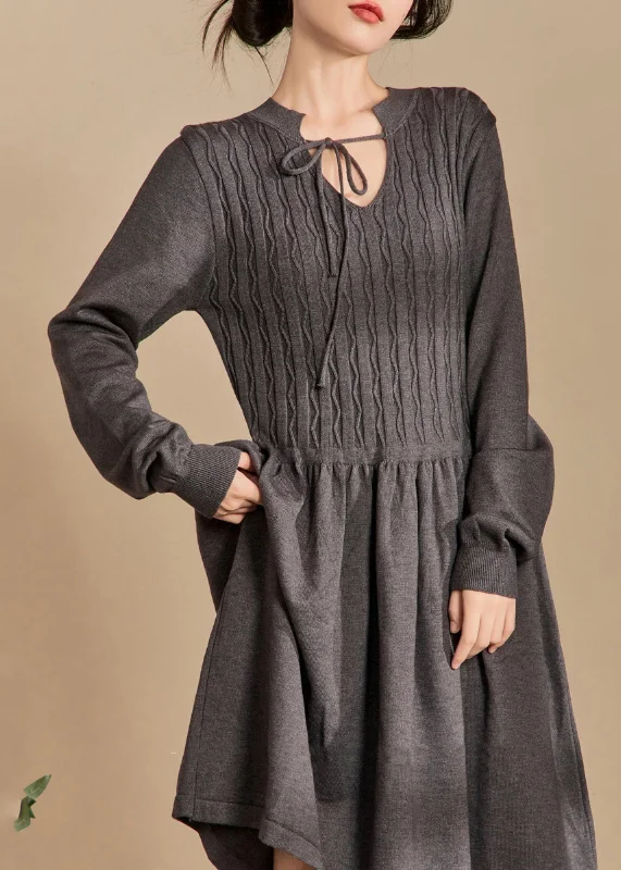 Chic Comfort Wear Elegant Grey Lace Up Solid Knit Dresses Spring