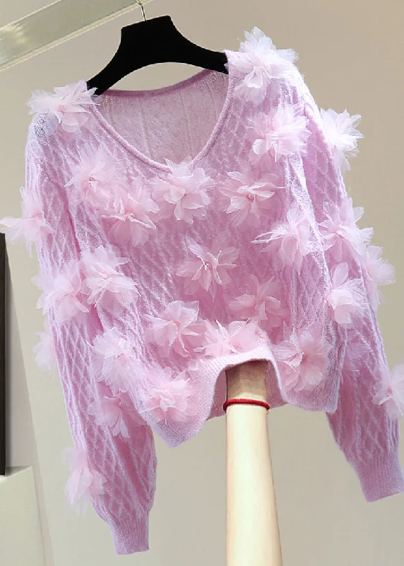 Integrated Design Cute Purple V Neck Floral Nail Bead Cotton Knit Sweaters