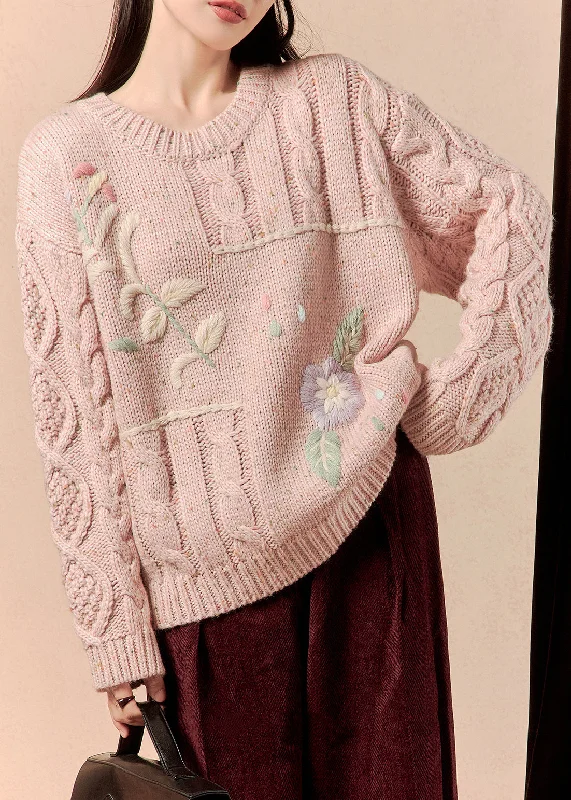 All-Day Outfits Pink Embroidered Loose Knit Sweater O-Neck Spring