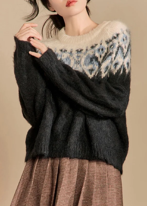 Timeless Style Loose Beige O Neck Thick Patchwork Cotton Knit Sweater Winter