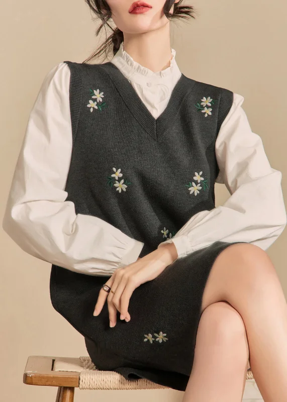 Advanced Customization New Grey V Neck Embroidered Knit Dresses Sleeveless