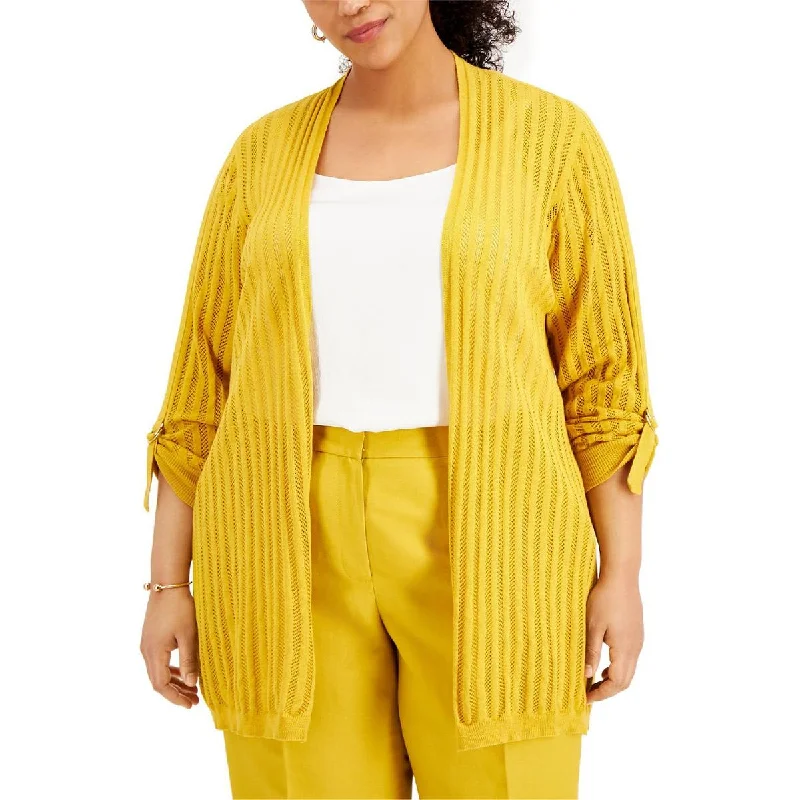 Economic Outlook Kasper Womens Plus Knit Perforated Cardigan Sweater