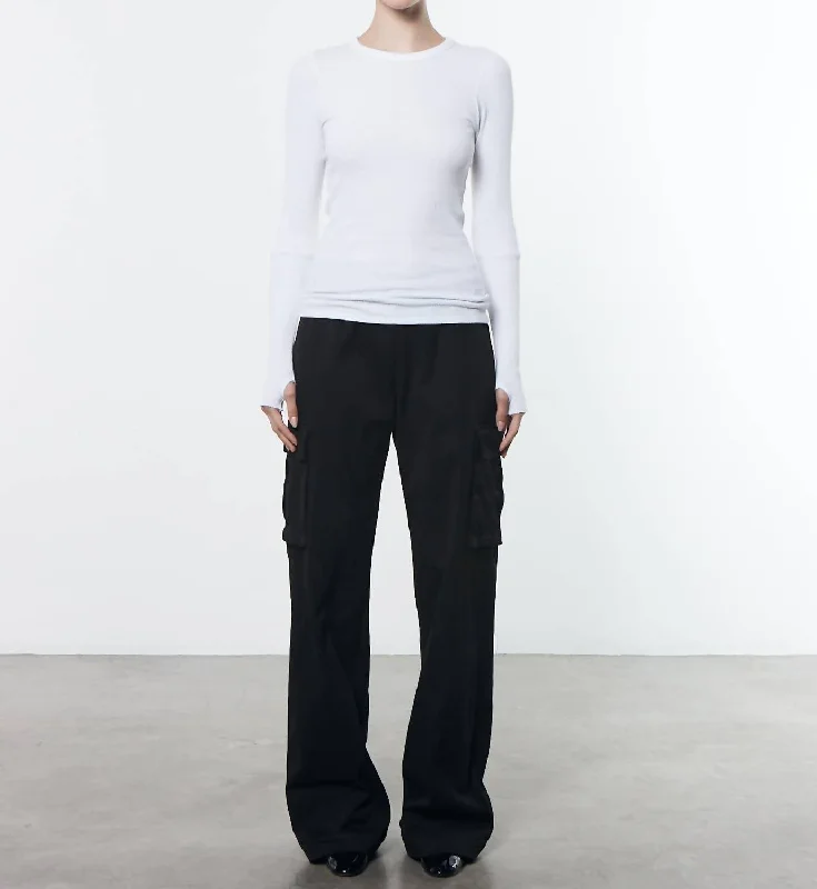 Elegant Fit Cuffed Long Sleeves Crew Top In White